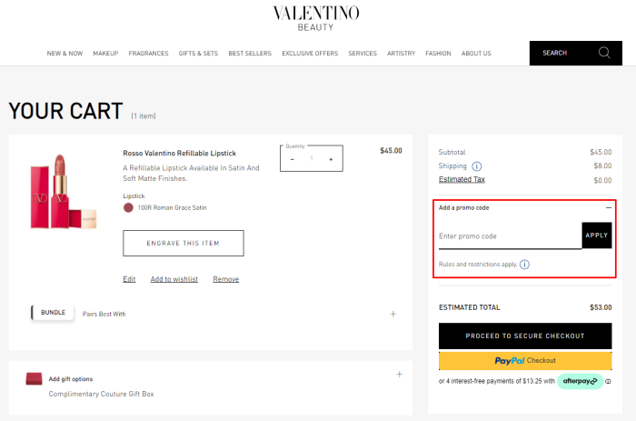 How to use Valentino Beauty promo code