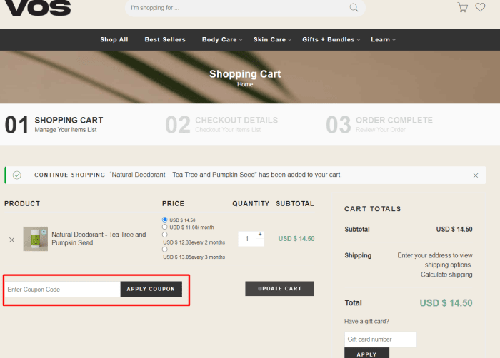How to use VOS Body Care promo code